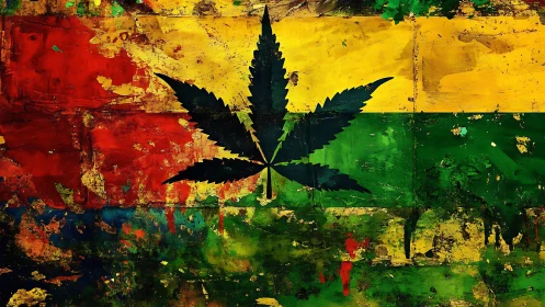 Bold leaf silhouette on grungy red, gold, and green canvas.