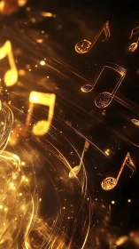 Golden musical notes float in illuminated abstract space