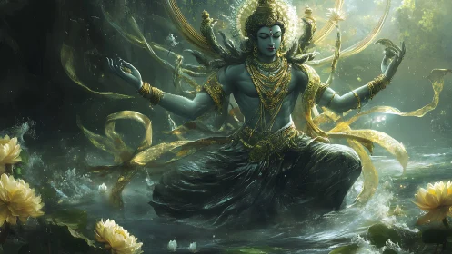 Mythic blue deity meditating in radiant lotus-filled river