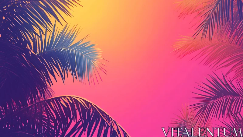 Dreamy tropical palms glowing in a warm neon sunset sky.