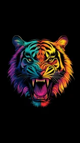 Roaring neon tiger head on black background artwork.