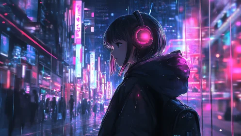 Neon-lit city wanderer with glowing headphones at night.