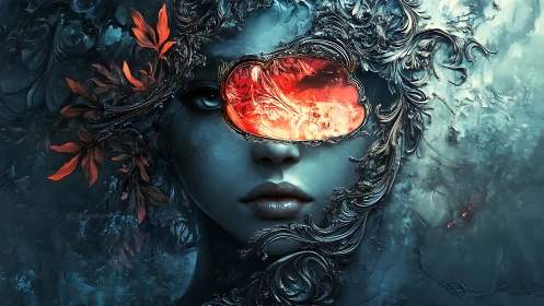 Ornate female face with molten red eye mask element.