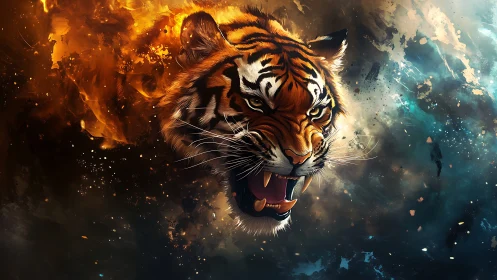 Roaring tiger head erupts amid fiery and smoky cosmos