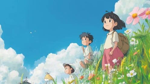 Three children gaze at a bright summer sky from flowered hill