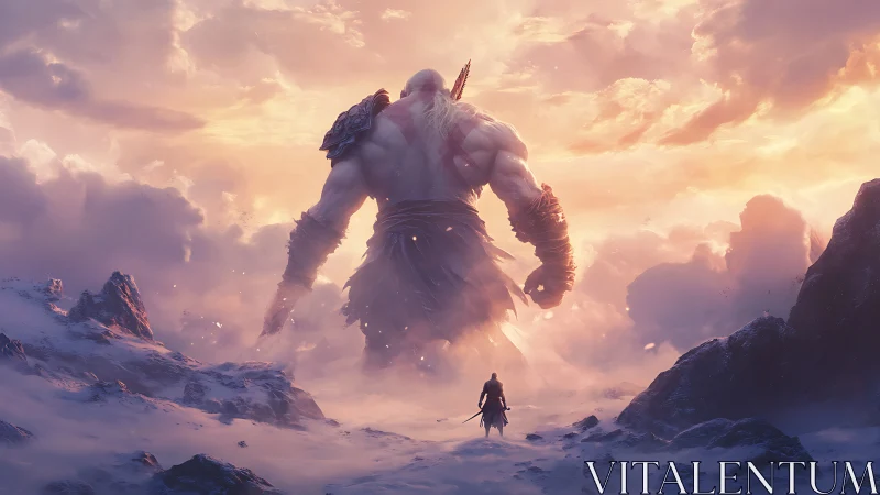 Colossal frost giant confronts lone warrior in volumetric dawn haze