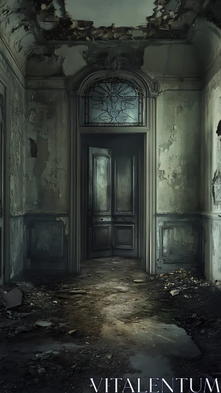 Decayed corridor framing closed door with stained glass arch.