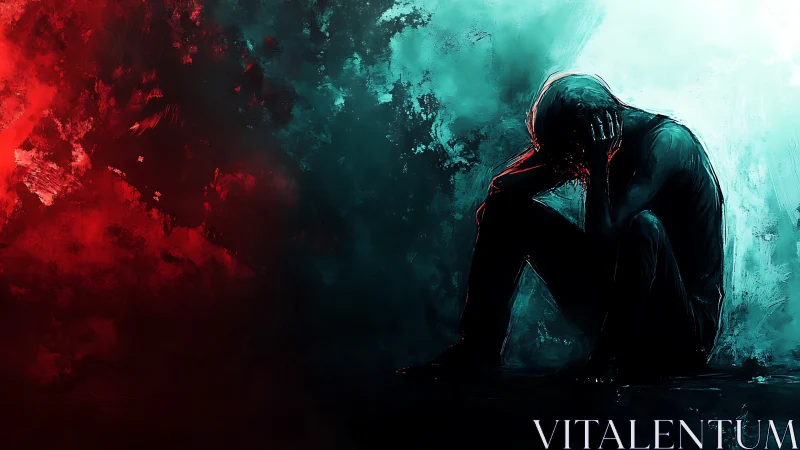 Silhouette figure sits hunched amid red and blue fields