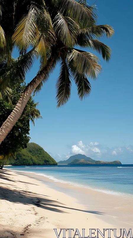 Tropical Beach Paradise with Palm Tree and Volcanic Island