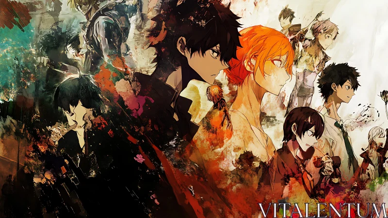 Anime ensemble emerges through chaotic watercolor splashes.