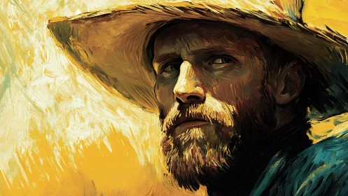 Sunburnt wanderer squints through molten brushstrokes.