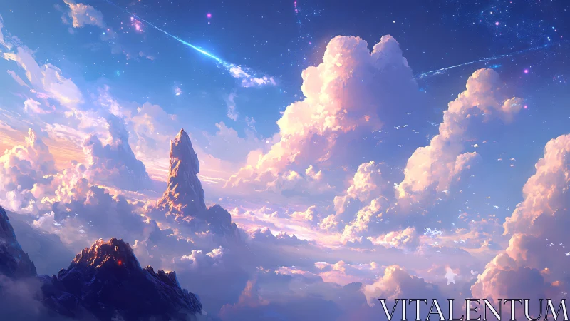 Celestial mountains rise through luminous sunset clouds.
