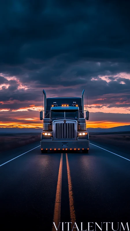 Midnight highway semi truck under storm-lit sunset sky.