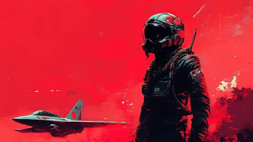 Jet pilot silhouette in crimson atmospheric digital artwork.