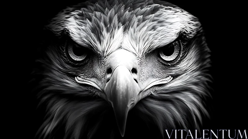 Dramatic close-up of eagle’s face in high-contrast black and white.