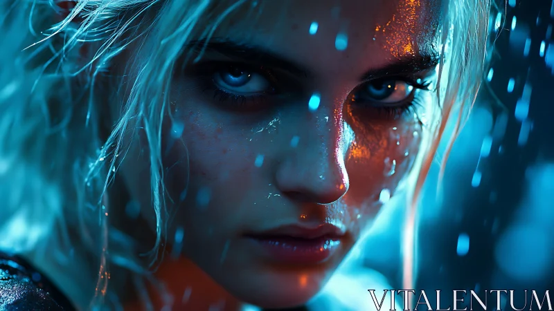Electric blue gaze cuts through neon rainstorm darkness.