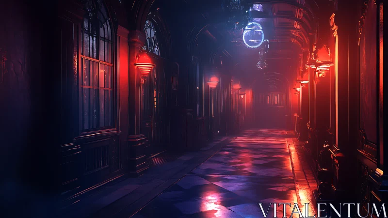 Neon-lit gothic hallway glows with eerie cinematic suspense