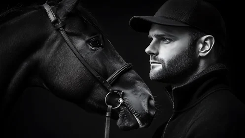 Silent pact in monochrome: rider and horse face the dark.