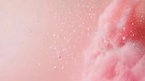 Fine pink powder cloud and particles on pale background.