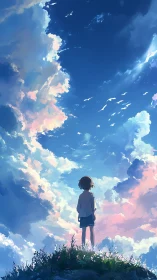 Solitary child observing expansive pastel sky scene.