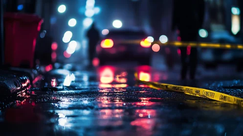 Neon-soaked crime scene tape across rain-drenched street.