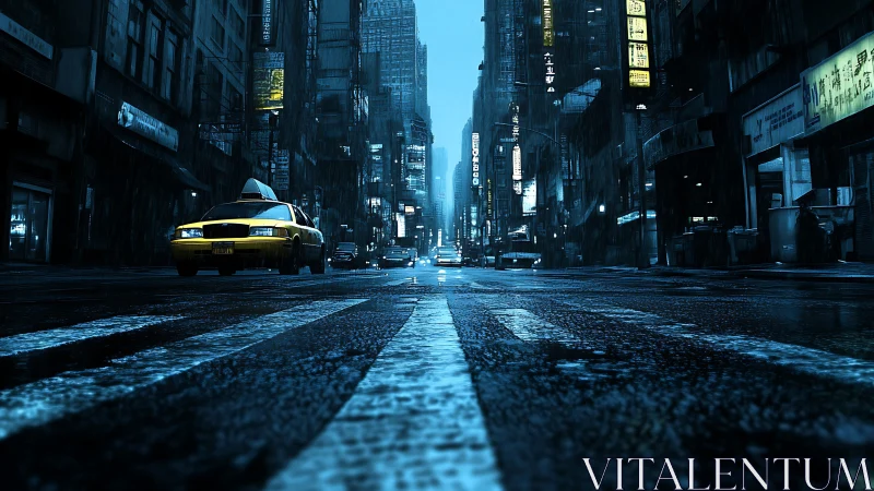 Rain-soaked city street glows as a lone yellow cab waits.