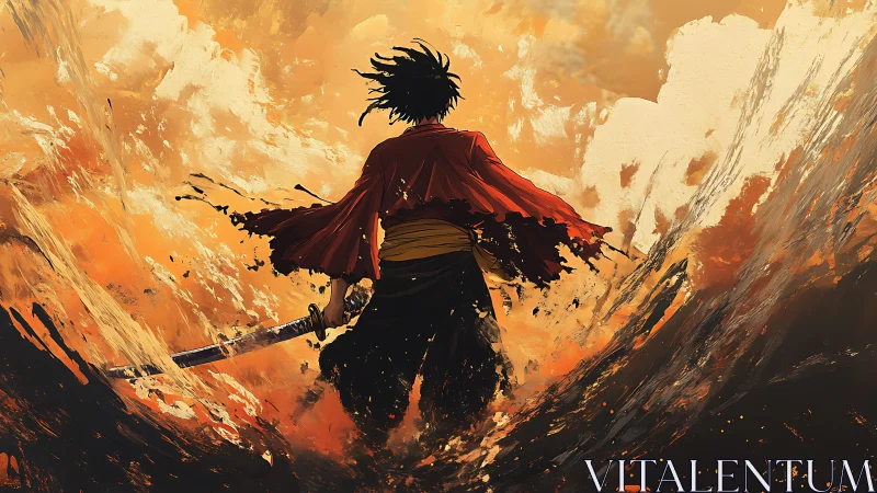 Solitary swordsman in orange abstract landscape scene.