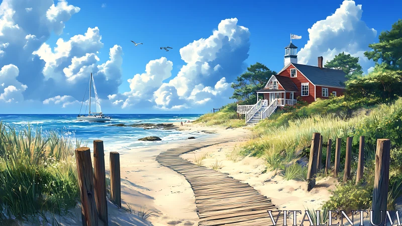 Coastal Residential Scene with Sailboat and Beach Access