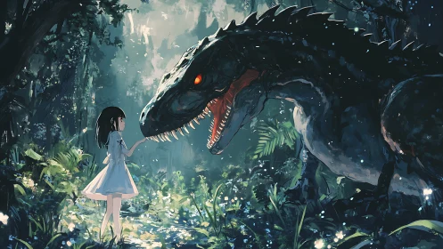 Girl calmly confronting dinosaur in a dense forest scene.