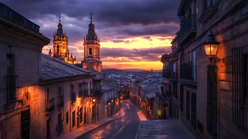Sunset stroll along a glowing old town street at dusk.