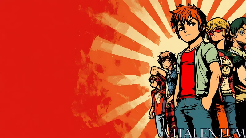 Stylized comic group posed against bold radial backdrop.