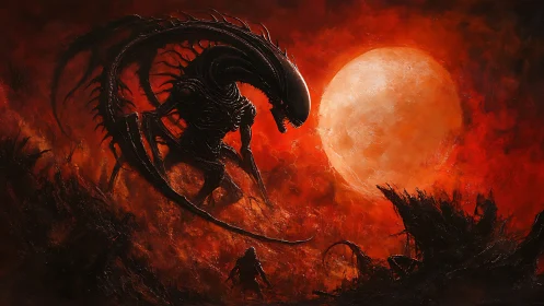 Crimson moonlight frames a towering alien beast in motion