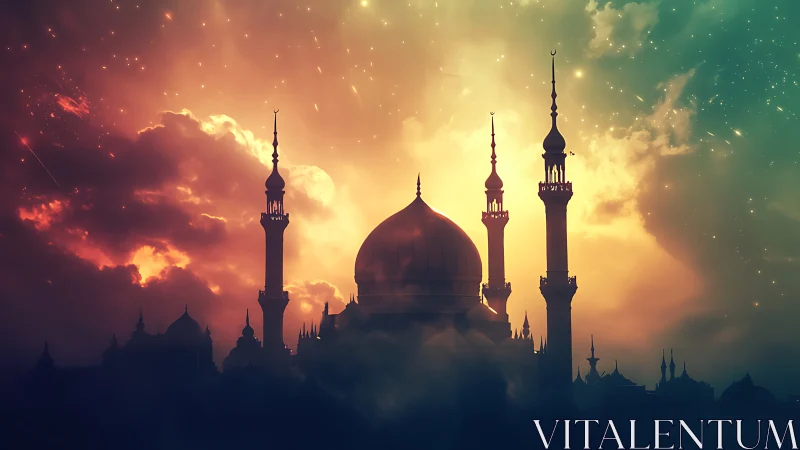 Silhouetted domed structure stands before luminous sky gradient