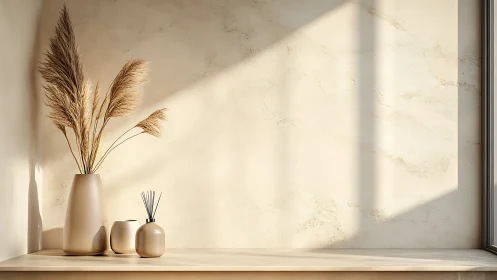 Neutral pampas grass vases on minimalist wooden shelf.