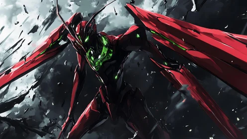 Stormborn crimson mecha dives through a shattered sky.