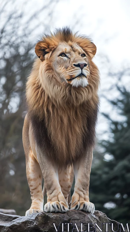 Male lion on rocky outcrop in winter overcast soft lighting