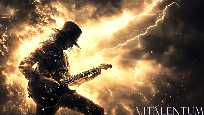 Electric guitarist ignites stormlit stage with blazing energy.