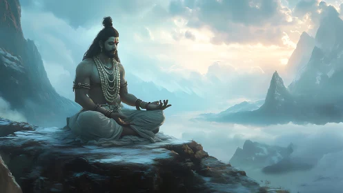 Serene ascetic meditating on misty mountain summit plateau.