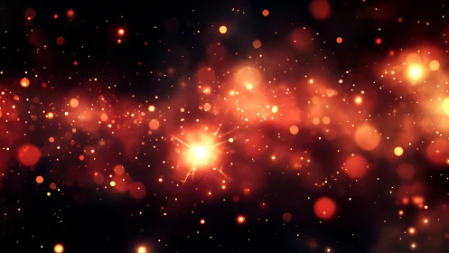 Luminous cosmic bokeh field with radiant orange starbursts.