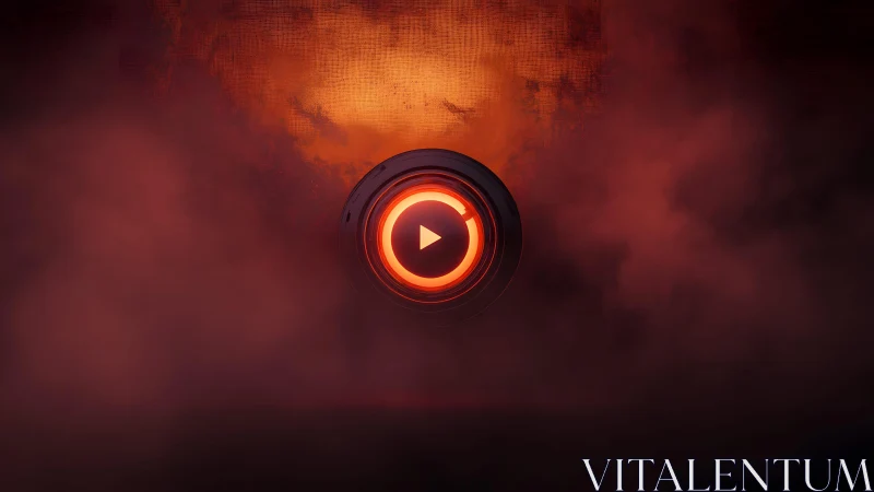 Futuristic glowing play button in smoky, dark digital atmosphere.