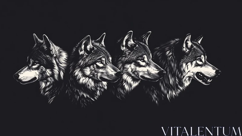 Monochrome side profiles of four detailed wolf heads.