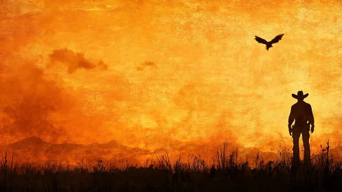 Lone cowboy silhouette watches a soaring bird at sunset