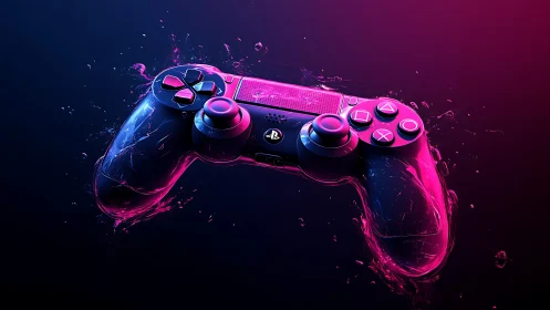 Neon-illuminated PlayStation controller rendering with dynamic liquid volumetric effects and spectra
