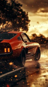 Orange muscle car powers through wet road at sunset rain
