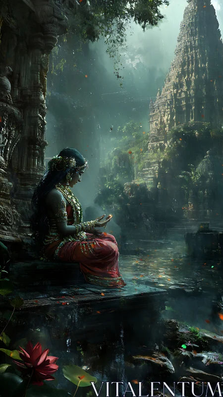 Mystical riverside goddess rests beside an ancient stone temple