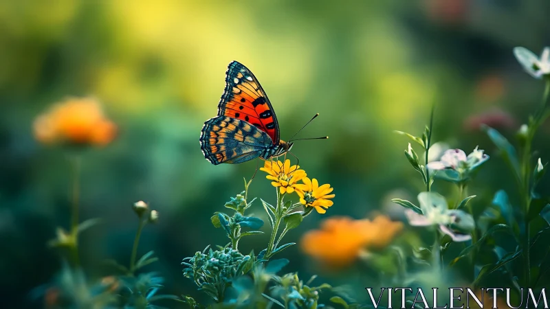 Vibrant butterfly poised on sunlit yellow wildflower bloom.