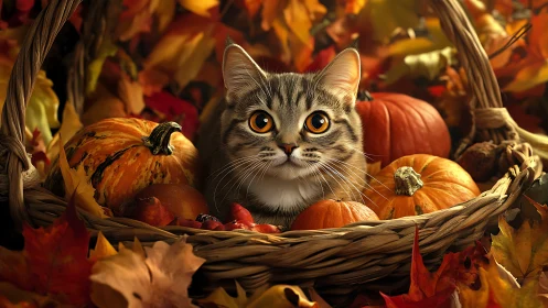 Tabby cat positioned in autumn harvest basket arrangement.