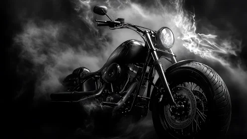 Midnight cruiser motorcycle in dramatic smoke and light.
