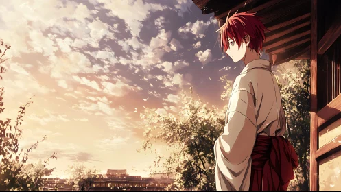 Sunset quietude with red haired wanderer on wooden porch.