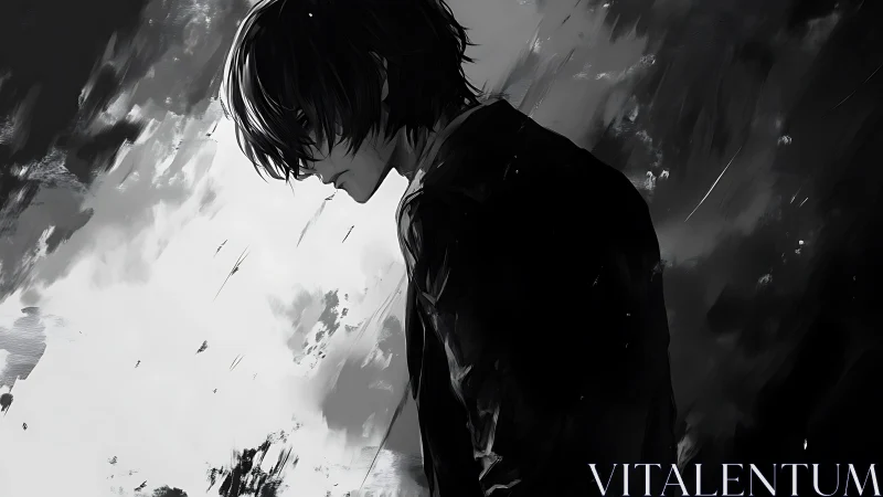 Brooding figure stands in stark monochrome storm of emotion.